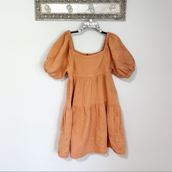 Louna Rust Tiered Puff Sleeve Smocked Mini Dress Size Small - Picture 2 of 12
